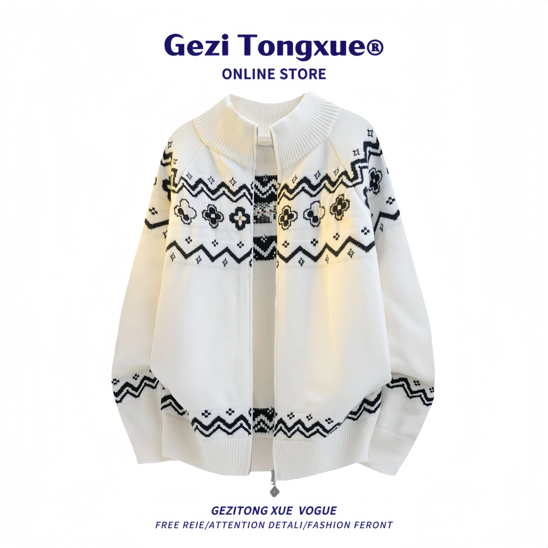 费尔岛白色拉链半高领毛衣外套男女秋冬季宽松休闲加厚针织衫外套