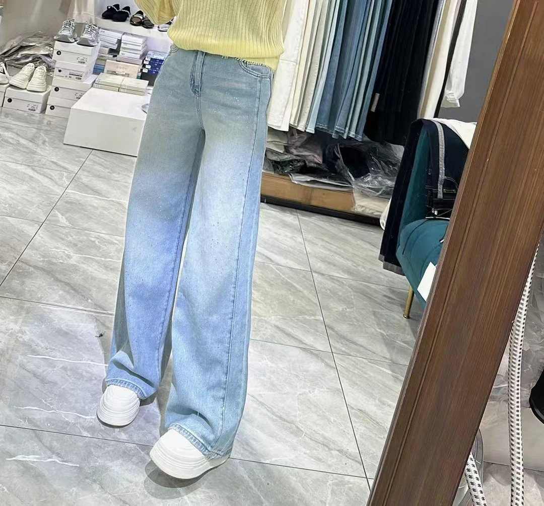 浅蓝色星空高腰牛仔裤女宽松显瘦直筒阔腿裤春秋