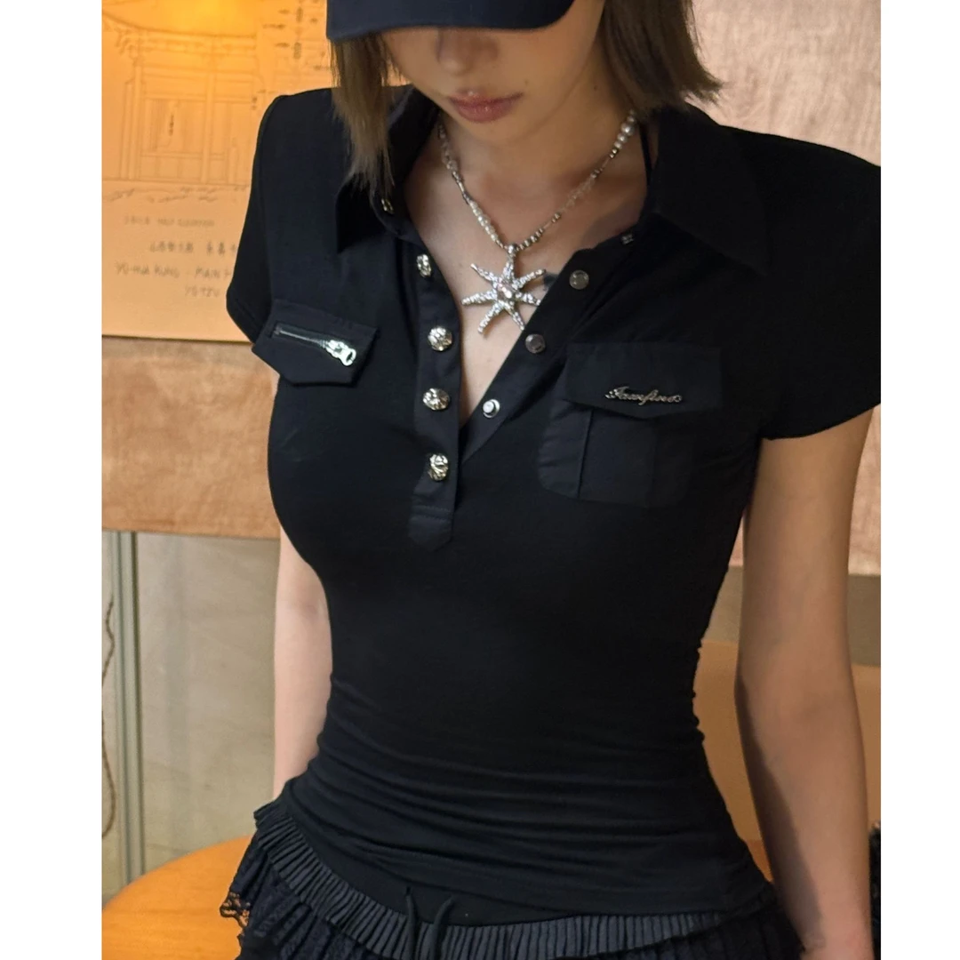 IAMFINE原创设计辣妹垫肩收腰正肩显瘦黑色修身短袖T恤