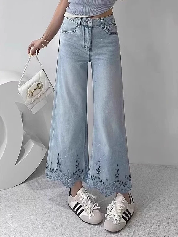 浅蓝色镂空刺绣花边牛仔裤女2025夏季薄款大码胖mm高腰九分阔腿裤