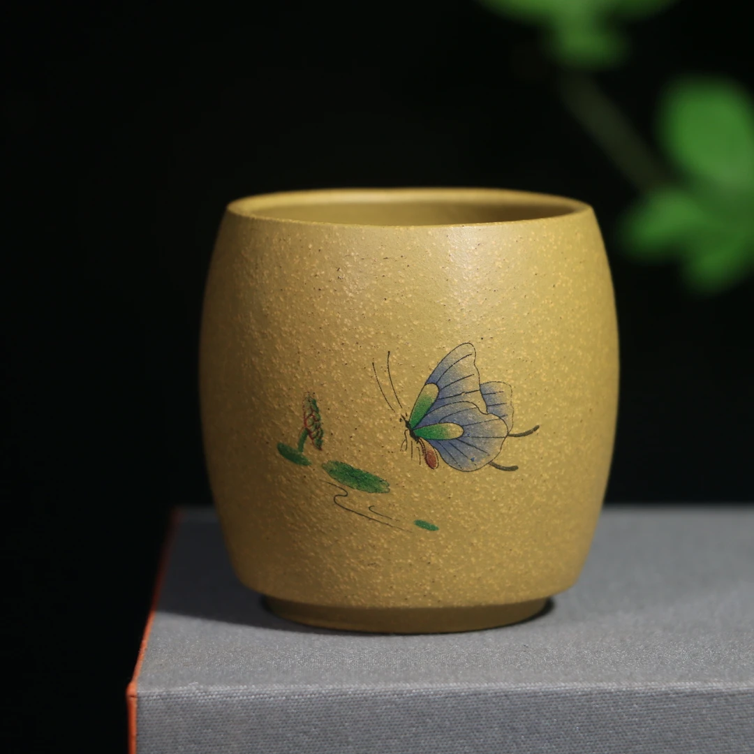 A087【宜兴原矿紫砂】黄金段圆鼓高端客人杯全手工摚胚上等紫砂杯