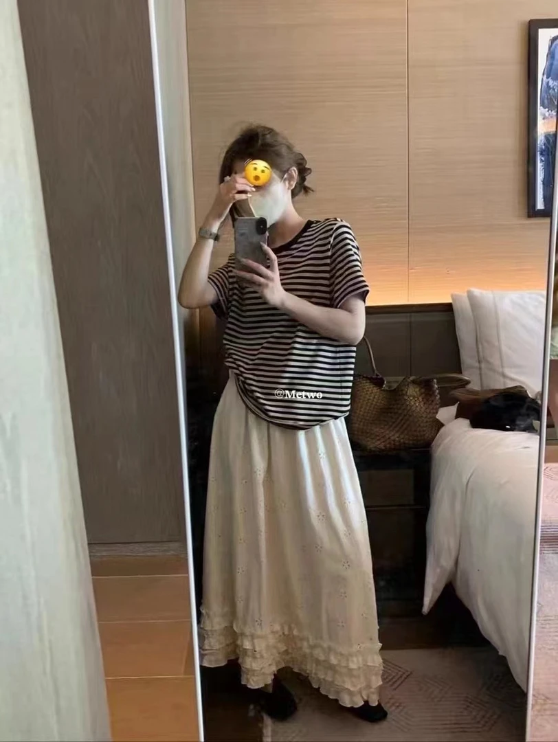 仙美提花工艺 奶杏钩花半身裙女2025新款高腰休闲法式温柔a字裙