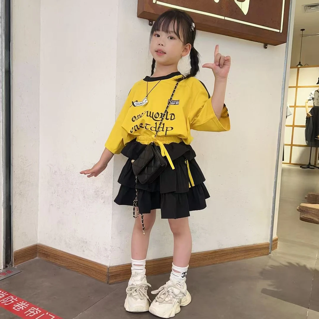 女童夏装套装2025新款美式洋气时尚夏季中大童短袖T裙裤两件套潮