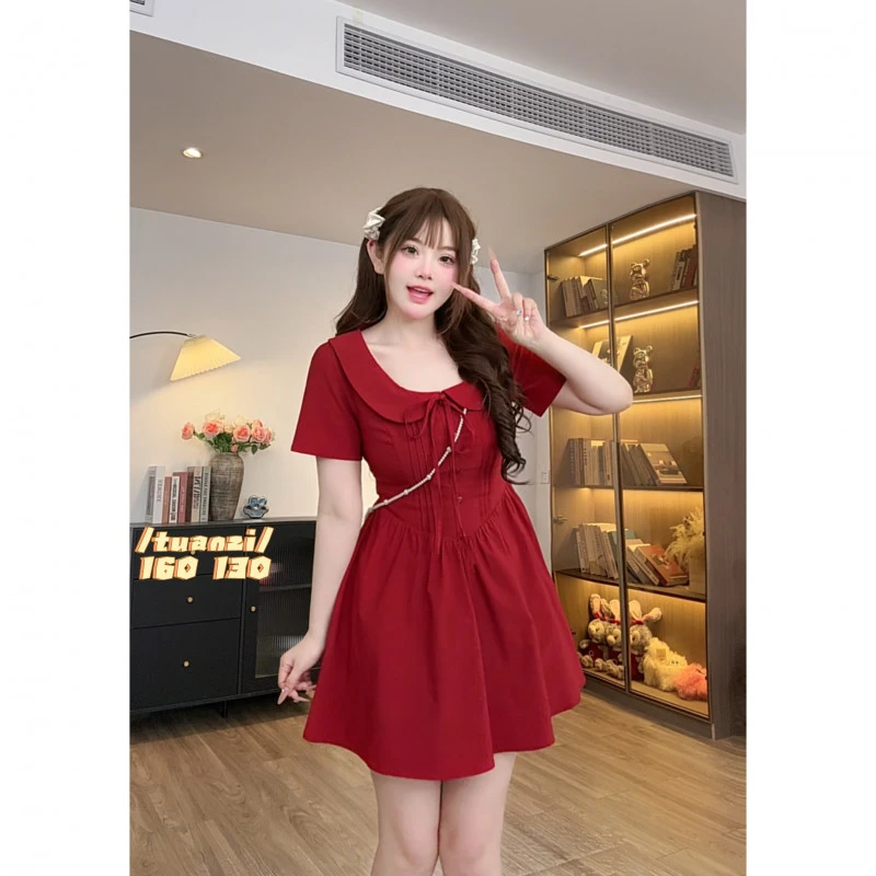 【甜茶覆盆子】9577胖mm法式夏季复古短袖气质收腰连衣裙女新款长裙