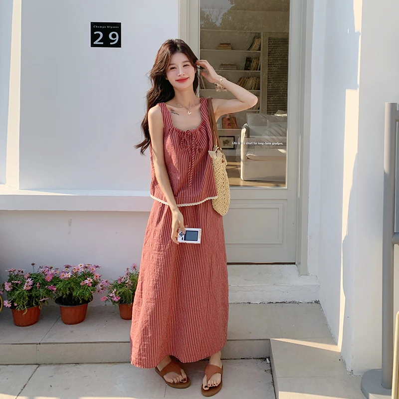 红茶风条纹撞色吊带马甲高腰半身裙套装两件套女夏季韩系俏皮减龄