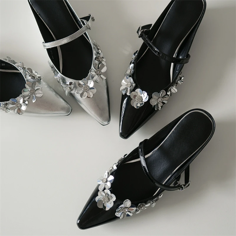 跟高5cm/34-40/隐形内增5cm尖头拖鞋法式水钻方扣平底玛丽珍时尚