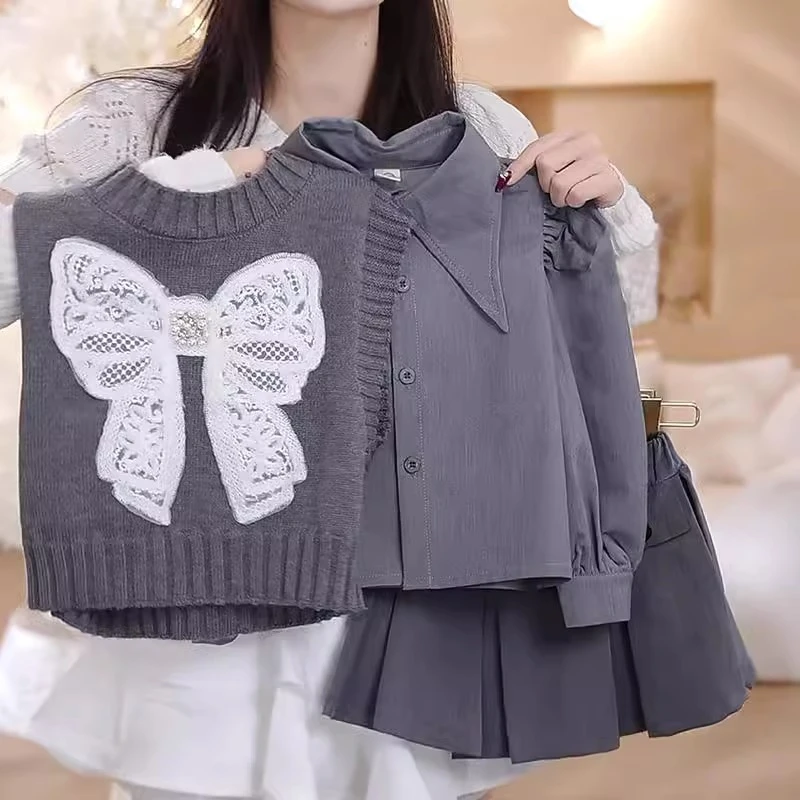 女童春秋款套装2025衬衫蝴蝶结马甲针织百褶裙学院风小香风三件套