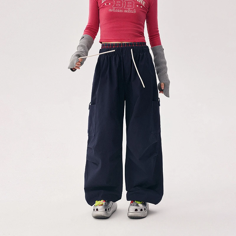 CHUU商场同款新品格纹设计假两件拼接松紧腰围显瘦直筒百搭休闲裤