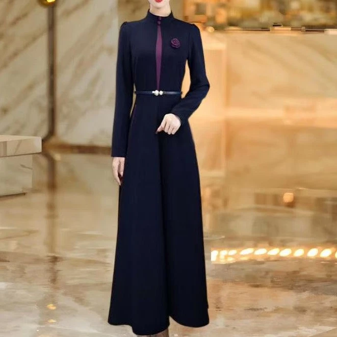 5565#立领大摆连衣裙2025秋季时尚修身收腰显瘦气质长裙