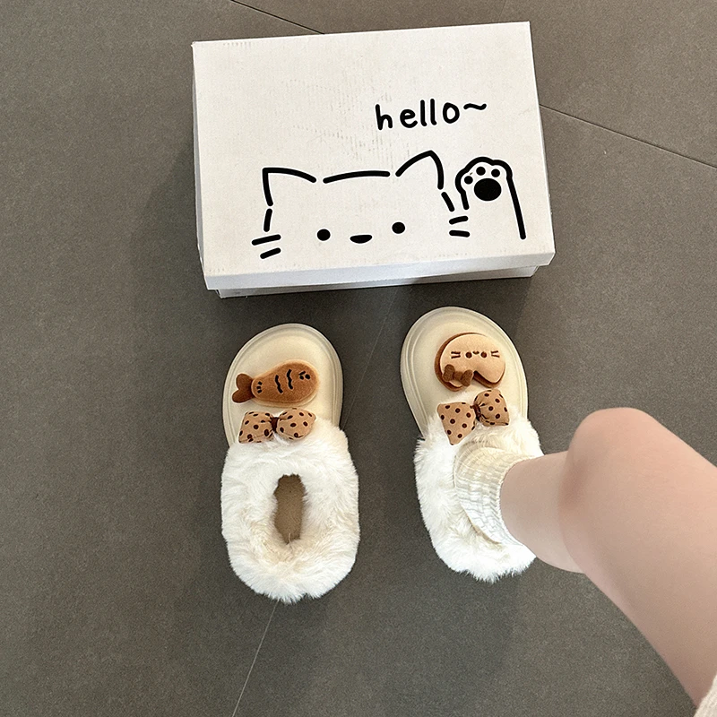 时尚百搭可爱卡通猫和鱼包头半拖鞋女2025年秋冬季蝴蝶结加绒拖鞋