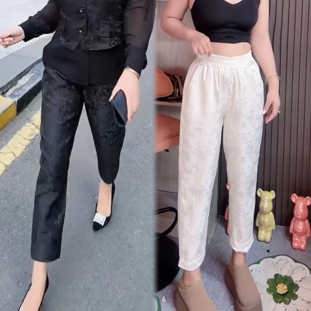 欧货春夏新款新中式休闲裤女百搭高腰显瘦时尚国风提花九分束脚裤