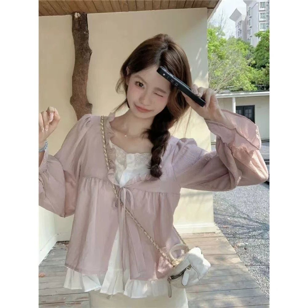 【优芭拉】胖mm2025欧若风假两件绑带长袖衬衫花边领甜美时尚上衣女