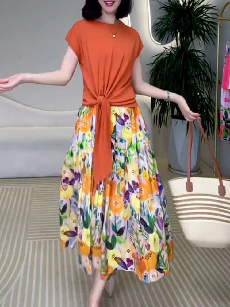 气质系带减龄短袖上衣搭配高腰度假风碎花半身裙99414+Q238套装