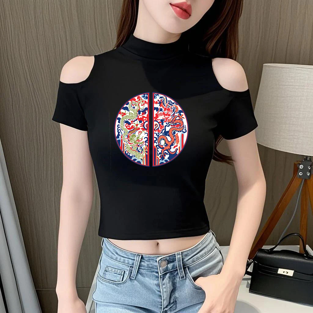 半高领黑色镂空露肩性感短袖t恤女短款夏季百搭中国风印花上衣潮