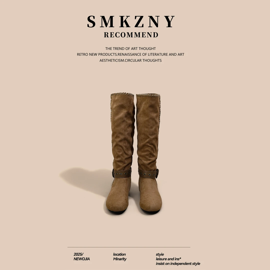 不过膝长筒靴女款秋季百搭马丁靴高筒骑士长靴褶皱时尚内增高女靴