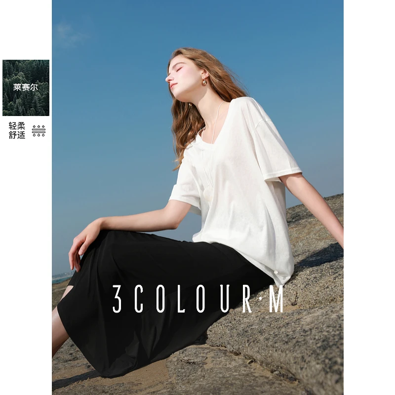 三彩2025春季新款莱赛尔宽松V领T恤套头衫落肩袖上衣慵懒休闲M