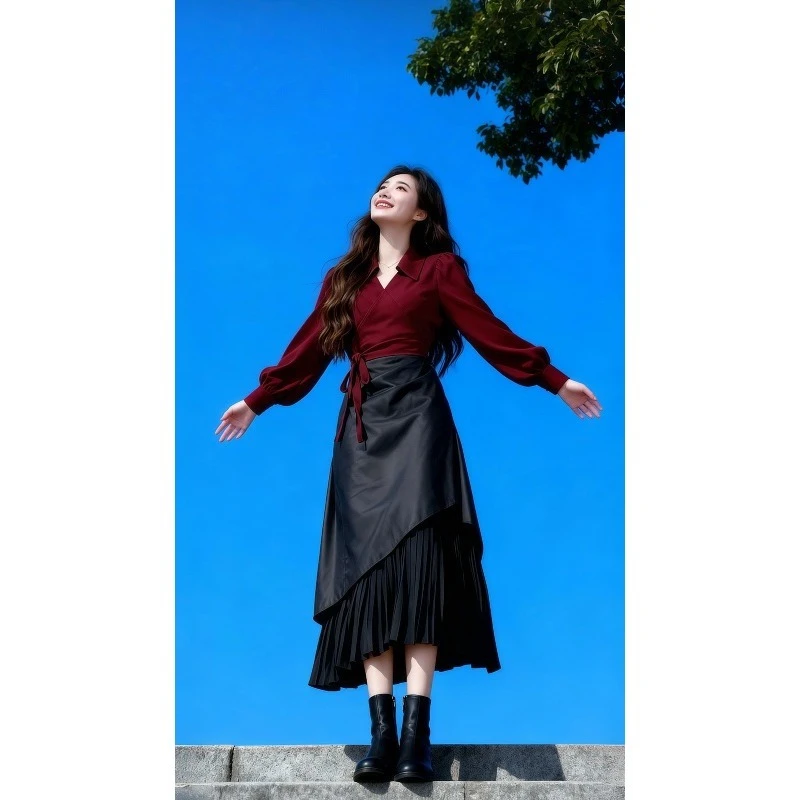 复古港风气质酒红色上衣女秋冬新款高级感毛衣搭显瘦半身裙两件套