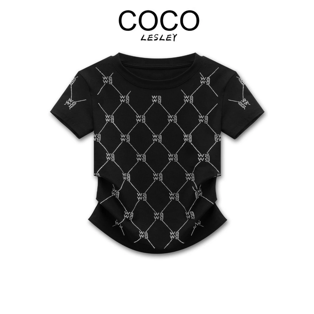 【COCO LESLEY】夏季新款菱形格烫钻气质打底衫女士上衣-GT10