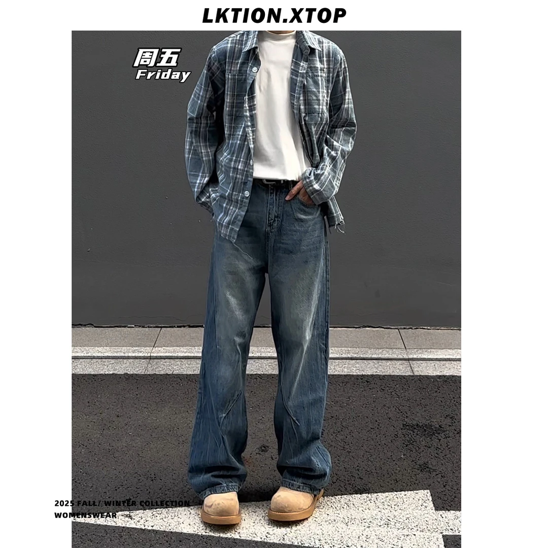 LK正品 痞帅潮新款日本冈山高盎司复古脱浆宽松直筒A型牛仔长裤