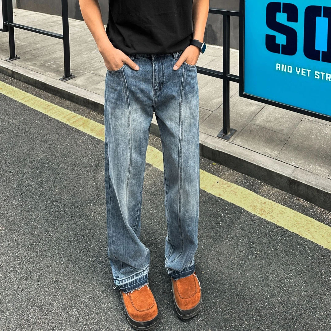 QUALCOMM潮流毛边设计竹节纹直筒长裤男款秋季百搭显瘦斜切牛仔裤