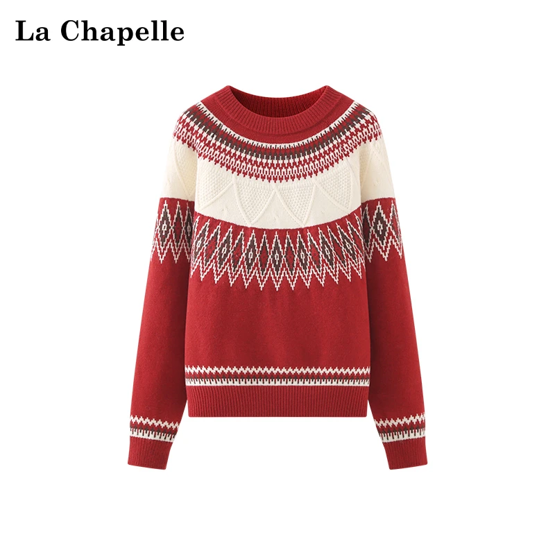 拉夏贝尔绿色复古慵懒风圣诞加厚圆领绞花套头毛衣女冬季新款时尚