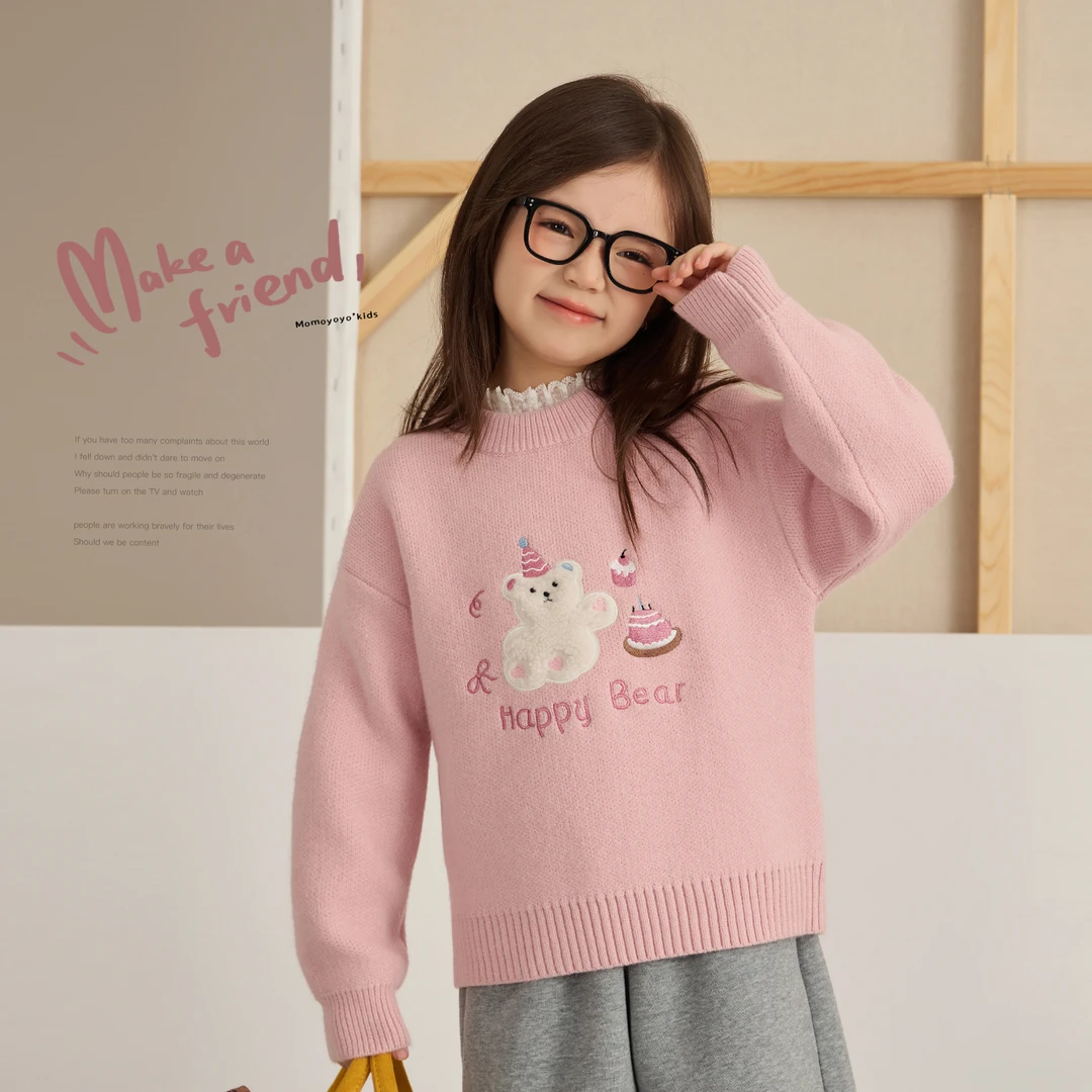 【开心熊】女童冬季刺绣小熊毛衣儿童圆领保暖针织上衣9162X