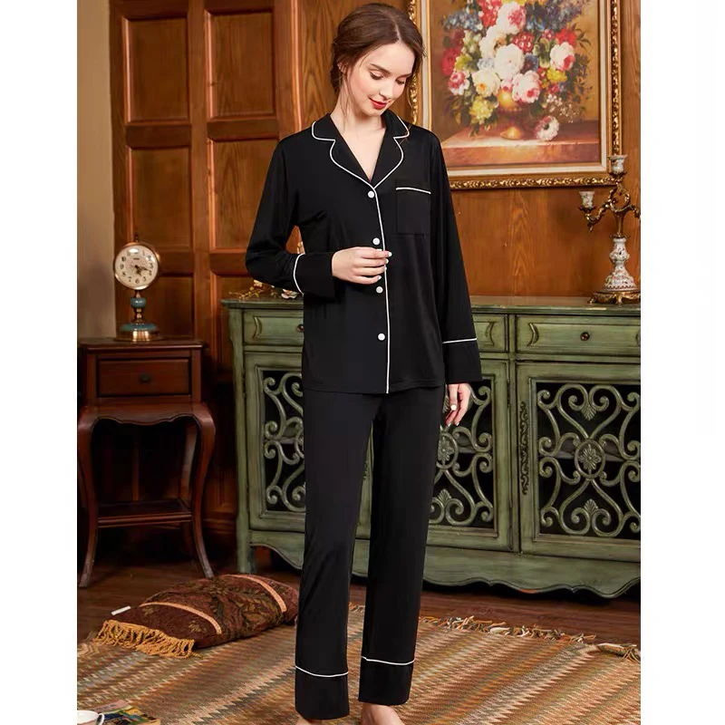 仿真丝 夏秋款丝绸睡衣两件套长袖长裤家居服套装女