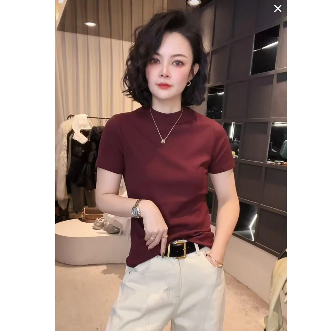 棉质高弹力短袖T恤女洋气百搭正肩通勤简约学院风圆领时髦上衣ins