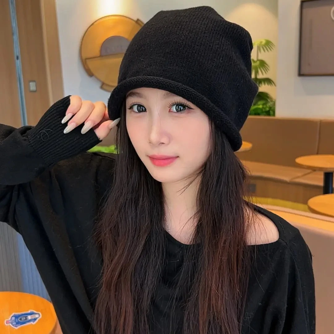 网红同款超减龄针织卷边宽松堆堆帽保暖时尚潮流针织帽百搭黑色