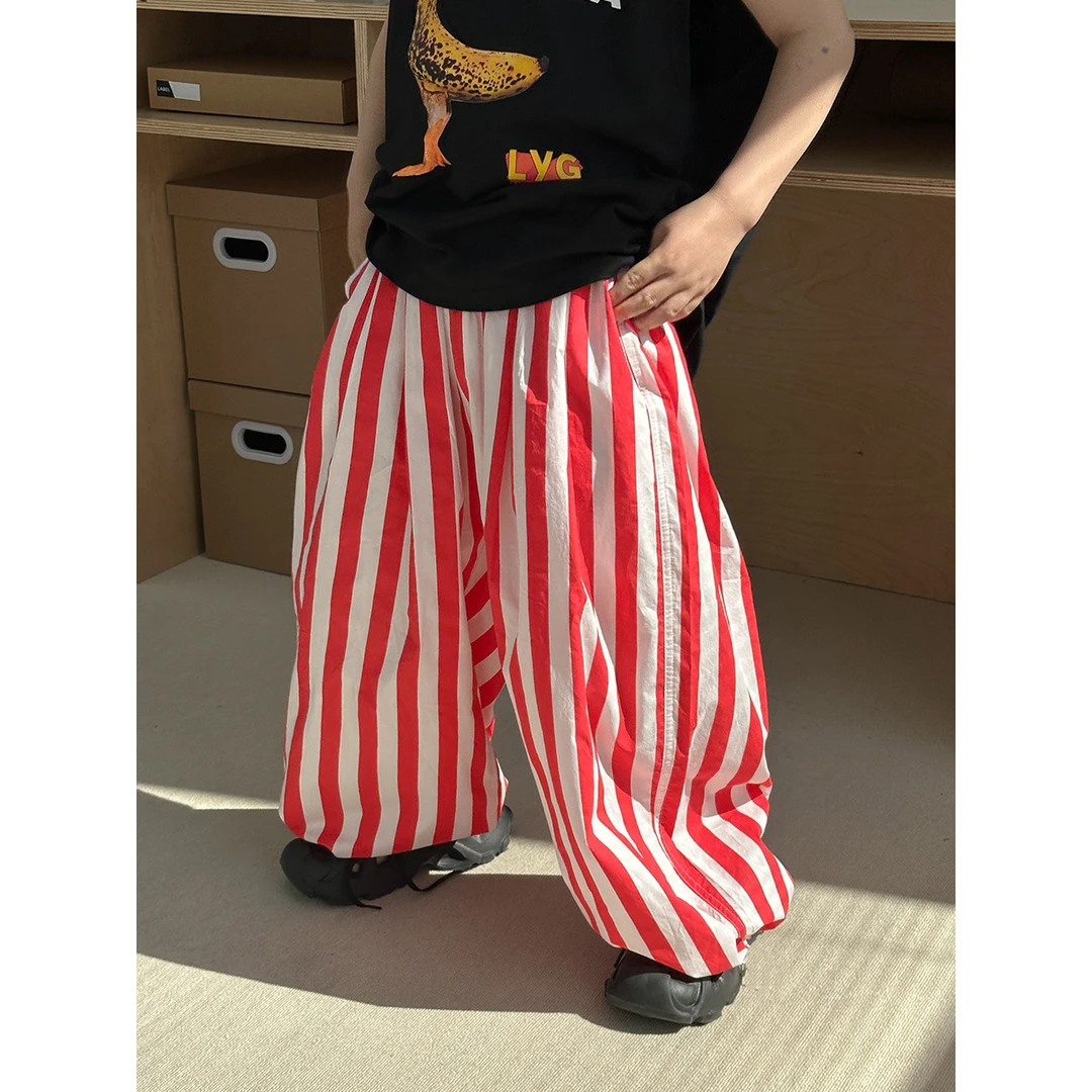 男童潮范防蚊裤夏季宽松灯笼纯棉长裤街舞休闲裤子红条