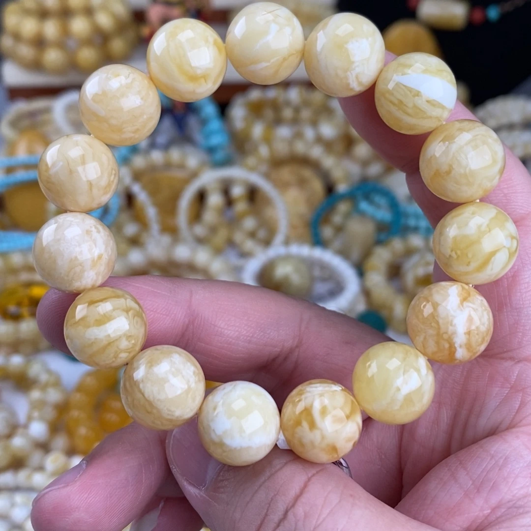 蜜蜡未镶嵌手链瓷白细纹蜡实虎皮纹14.3mm圆珠