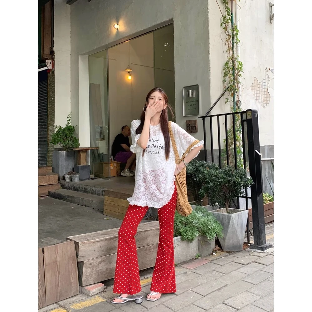 【3735工厂清货】红色波点微喇裤女高腰显瘦垂感显腿长小众休闲裤子