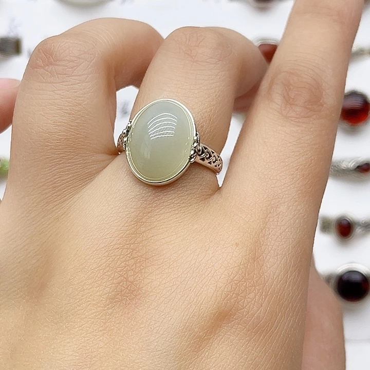 和田玉戒指银S925镶嵌天然