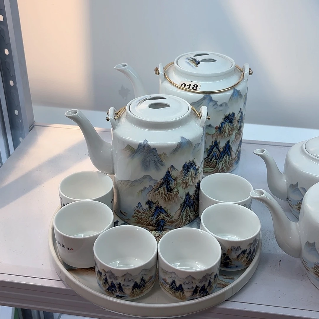 壶陶瓷千里江山图三斤➕六个杯子➕茶盘