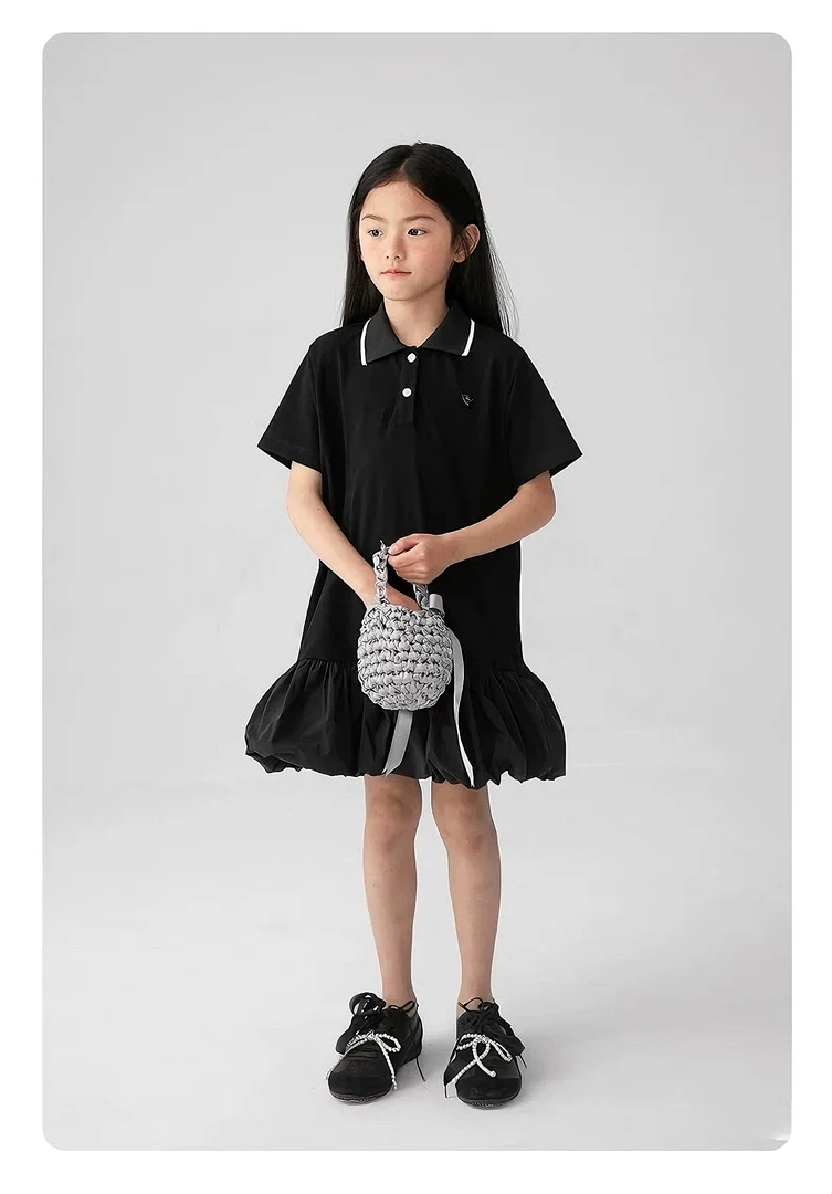 D黑色女夏季花包裙休闲风运动时尚连衣裙POLO领洋气夏装中大童