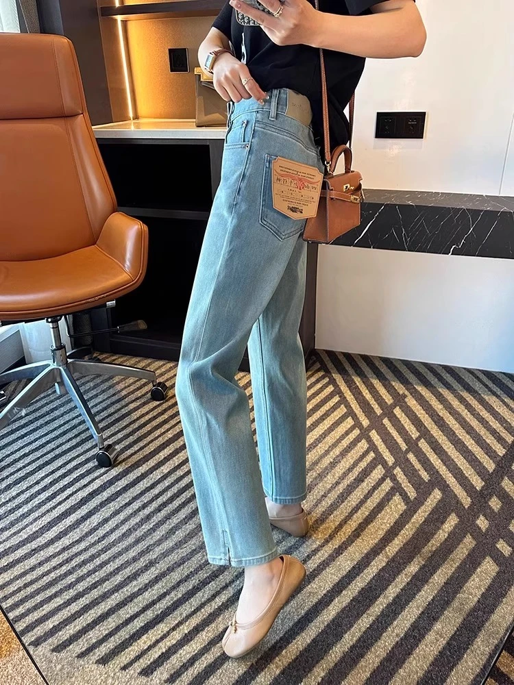 夏季清爽蓝薄款直筒牛仔裤女微胖大码梨型身材宽松高腰显瘦烟管裤