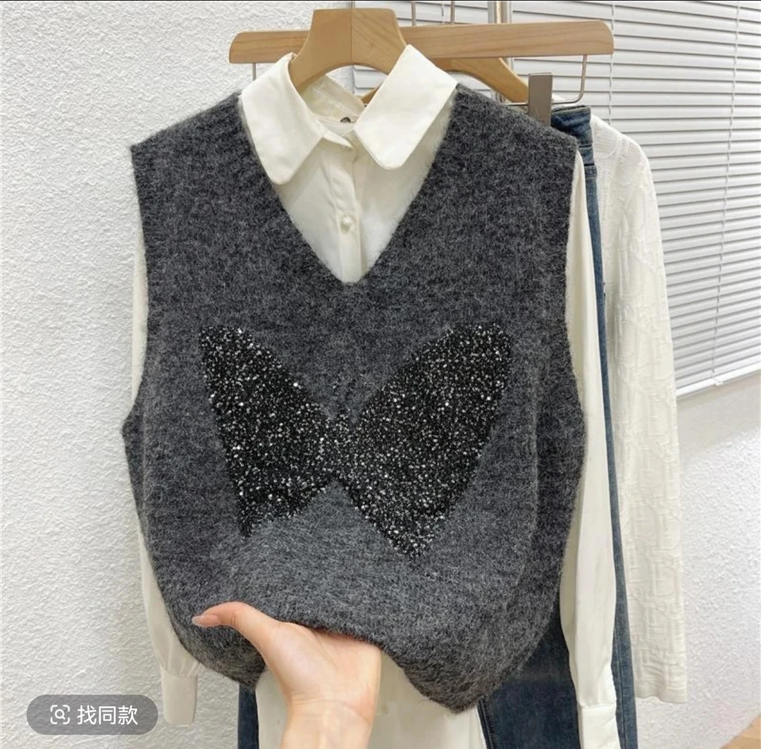 网红洋气时尚百搭外穿马夹无袖秋冬V领针织蝴蝶结马甲背心气质