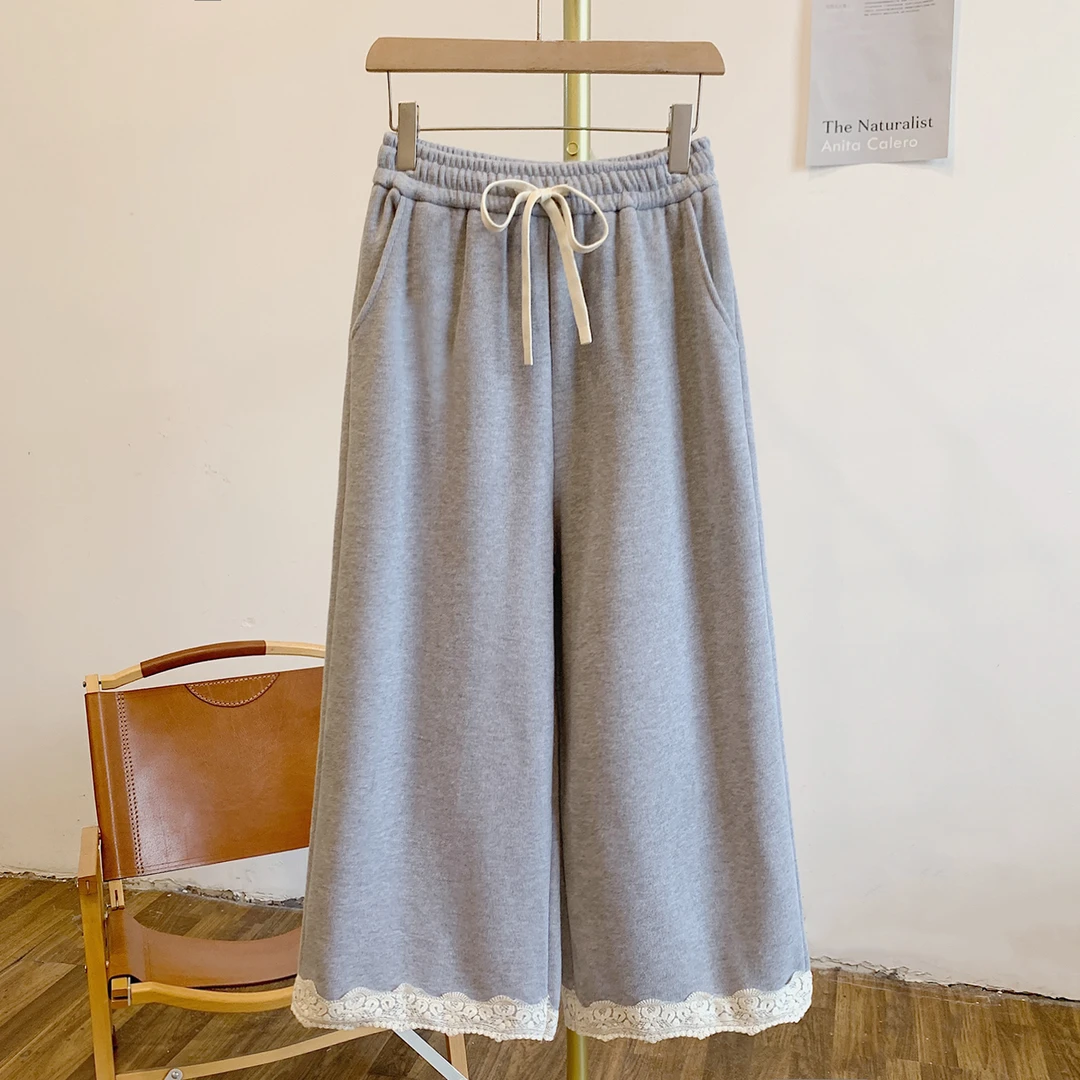 友谊万岁裤C5055加绒蕾丝边松紧腰系带阔腿裤