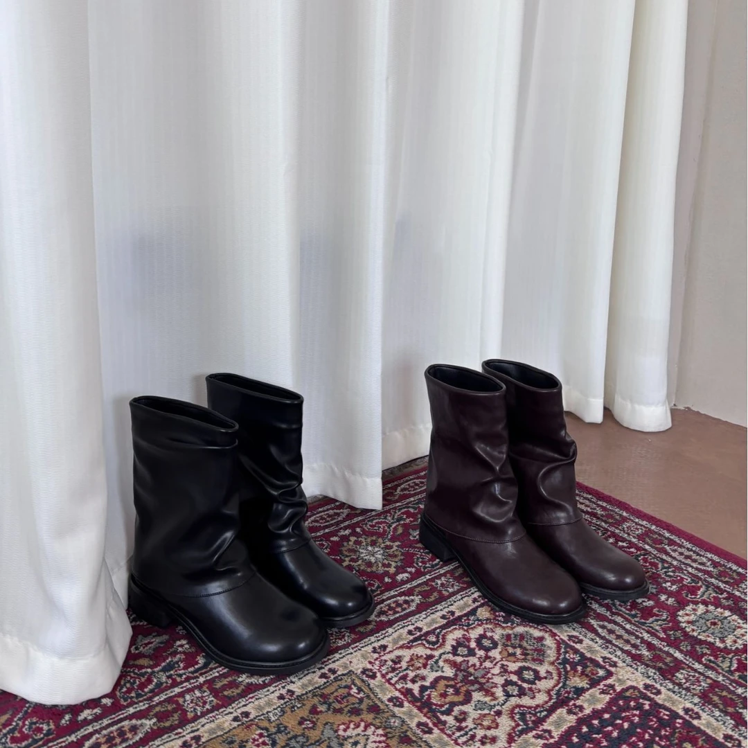 2025秋冬新款小众轻奢手工复古显瘦粗跟中筒女靴软皮堆堆靴