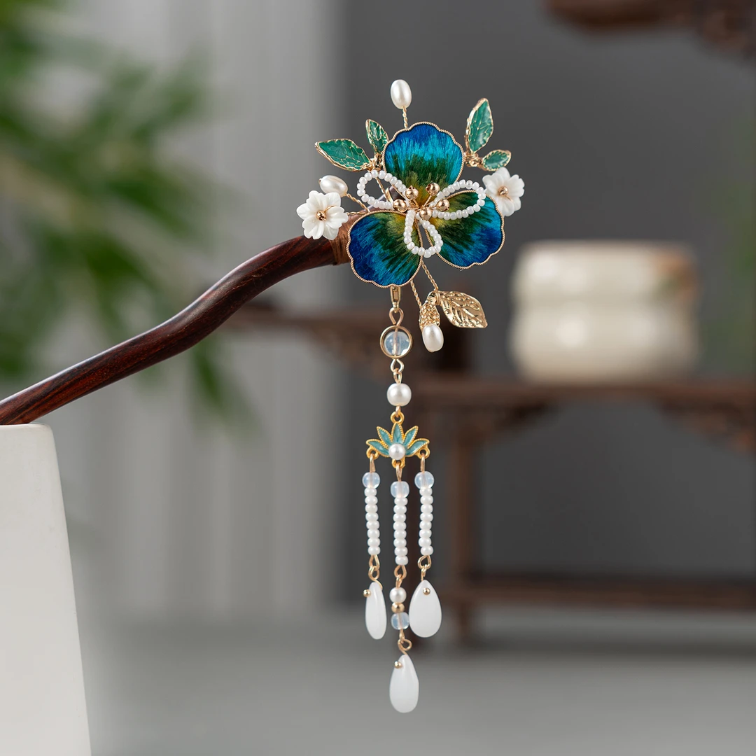 春亦轩中式手工蚕丝绒花典雅湖光山色檀木簪古风旗袍汉服盘发木簪