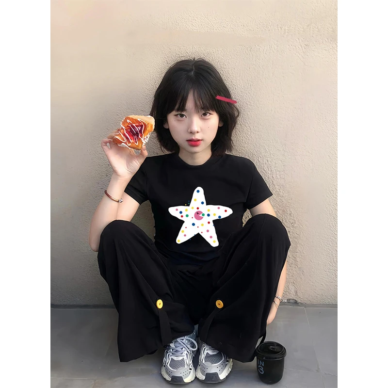 夏季美式高街hiphop黑色正肩短袖t恤女修身显瘦小众别致短款上衣