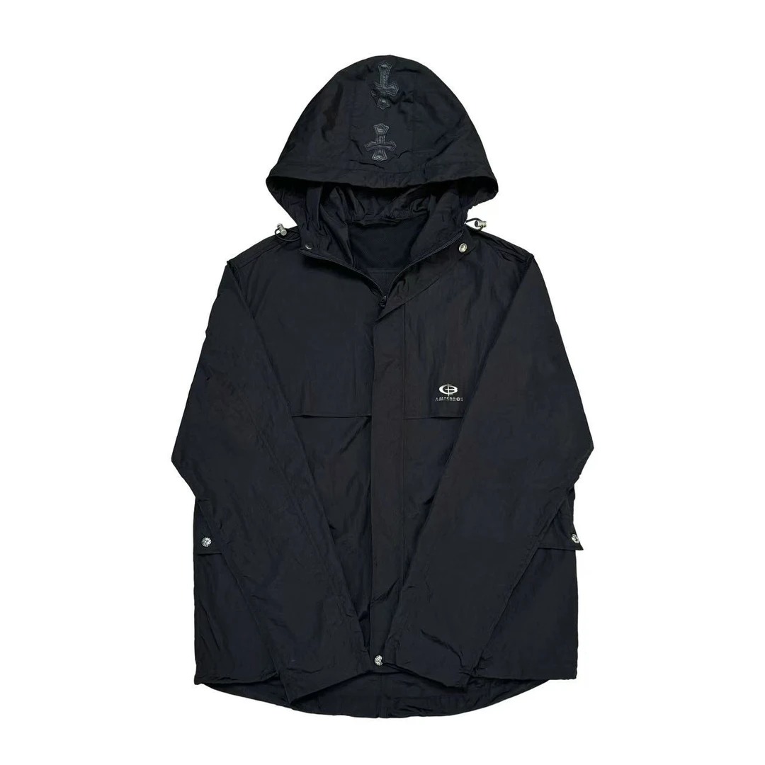 [X]黑色戴帽十字梵文潮流设计款休闲梭织儿童外套（春日满满）