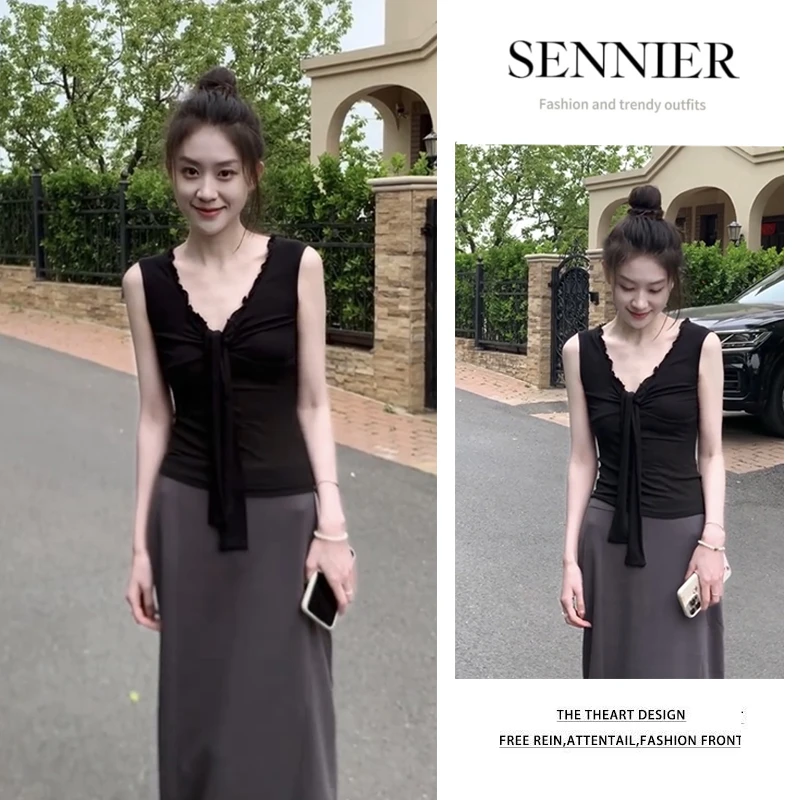 夏季温柔系穿搭女2025新款韩版气质修身V领无袖背心半身裙两件套