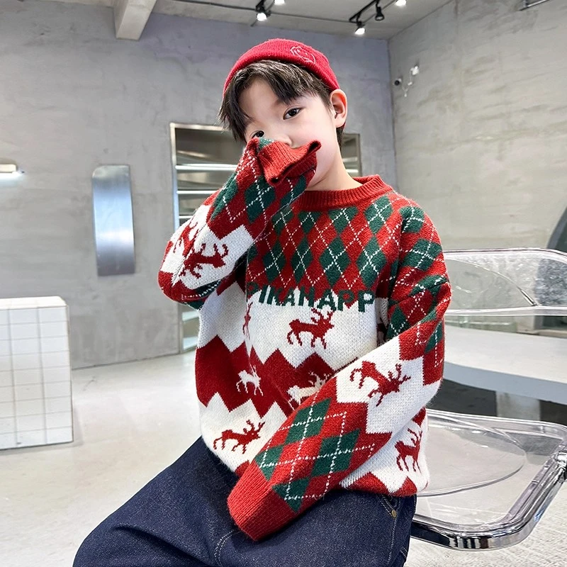 男大童冬季潮牌红色圣诞打底毛衣2025新款儿童男孩加厚针织衫线衣