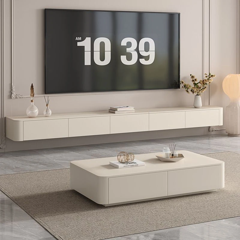 轻奢白色灰色圆形茶几家用客厅电视机落地地柜可伸缩烤漆储物电视