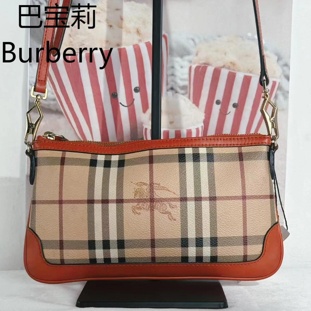 95新 BURBERRY/博柏利 战马格纹橙边斜挎包G25310705底长24X14