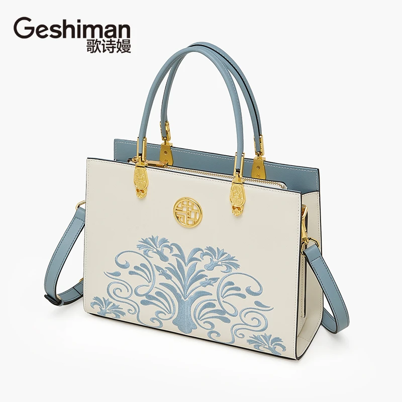 歌诗嫚品牌国风刺绣女包质感中式绣花手拎包气质真皮民族风手提包