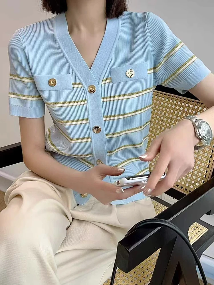 【蝴蝶】气质新款潮流条纹小众设计款夏款针织衫042516