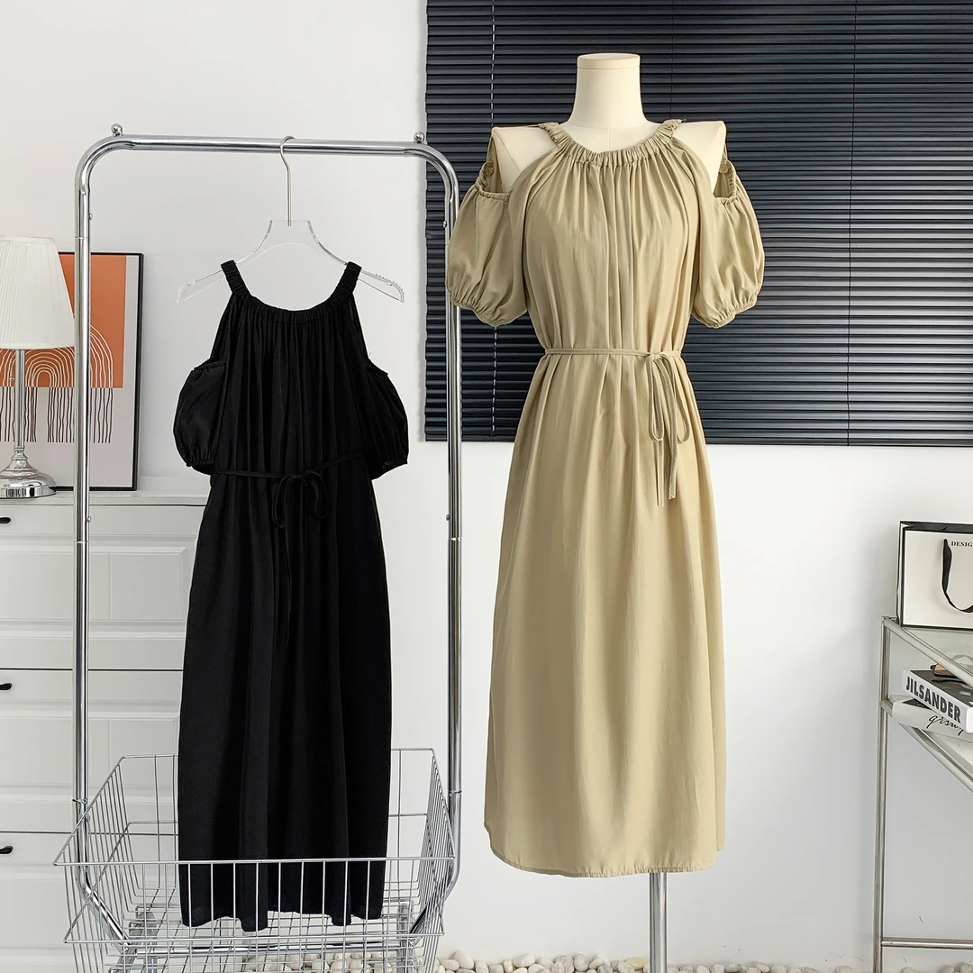 大码女装2025夏季胖MM文艺时尚高品民族风泡泡袖露肩纯色圆领长裙