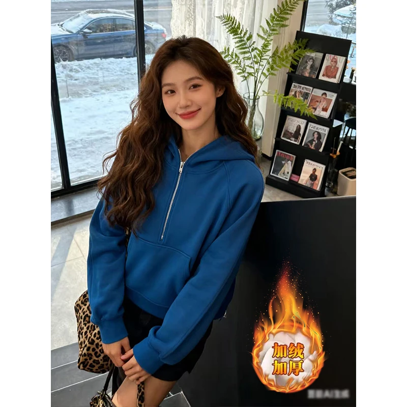 蓝色半拉链连帽卫衣秋冬新款宽松韩版宽松慵懒风时尚休闲百搭上衣